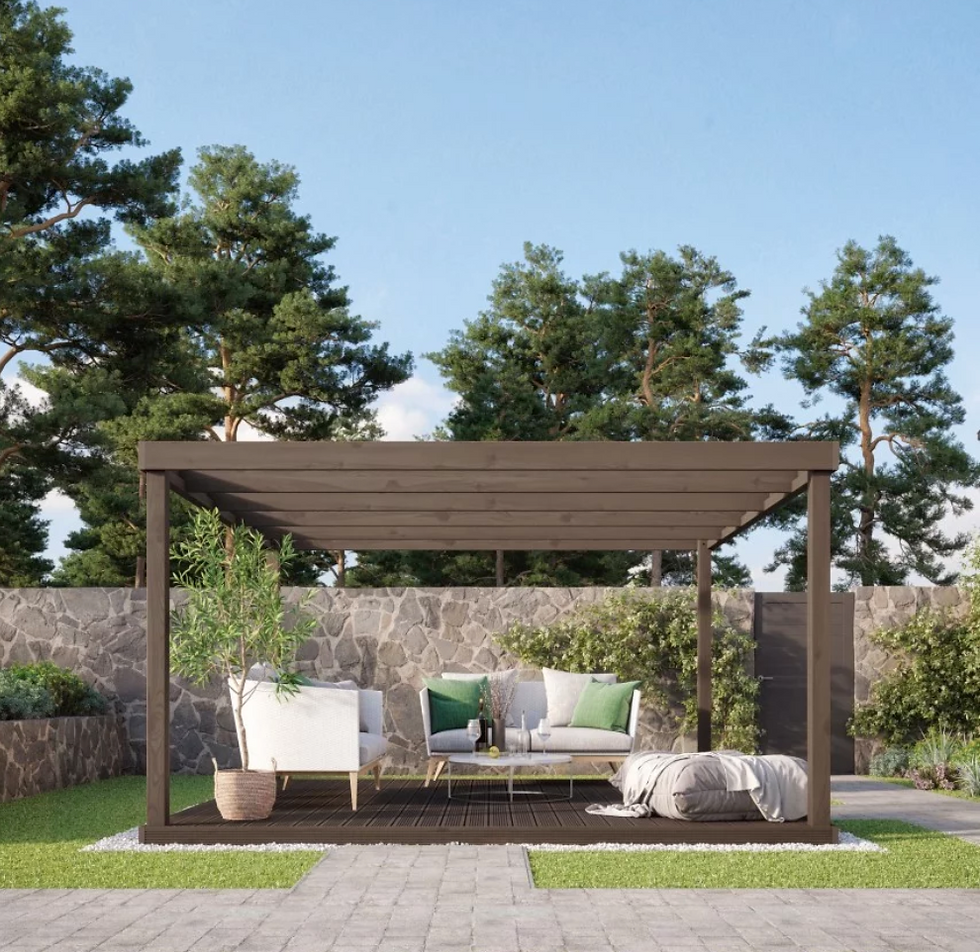 A wooden pergola with elegant seating in a bright and beautiful landscape