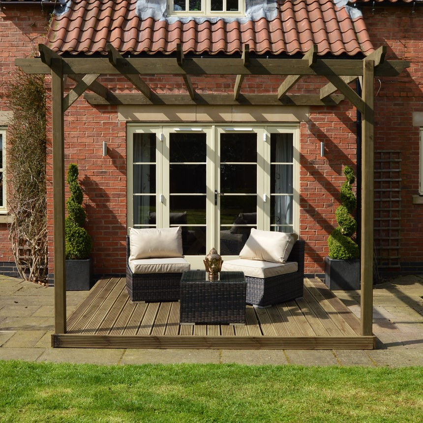 Wall Mounted Garden Pergola and Decking Kit in Rustic Brown by Rutland County