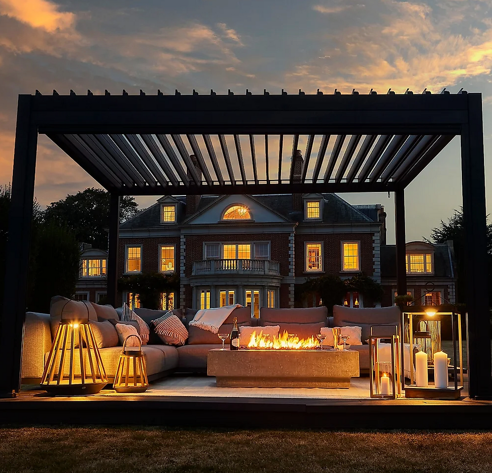 pergola with roof around a fire pit